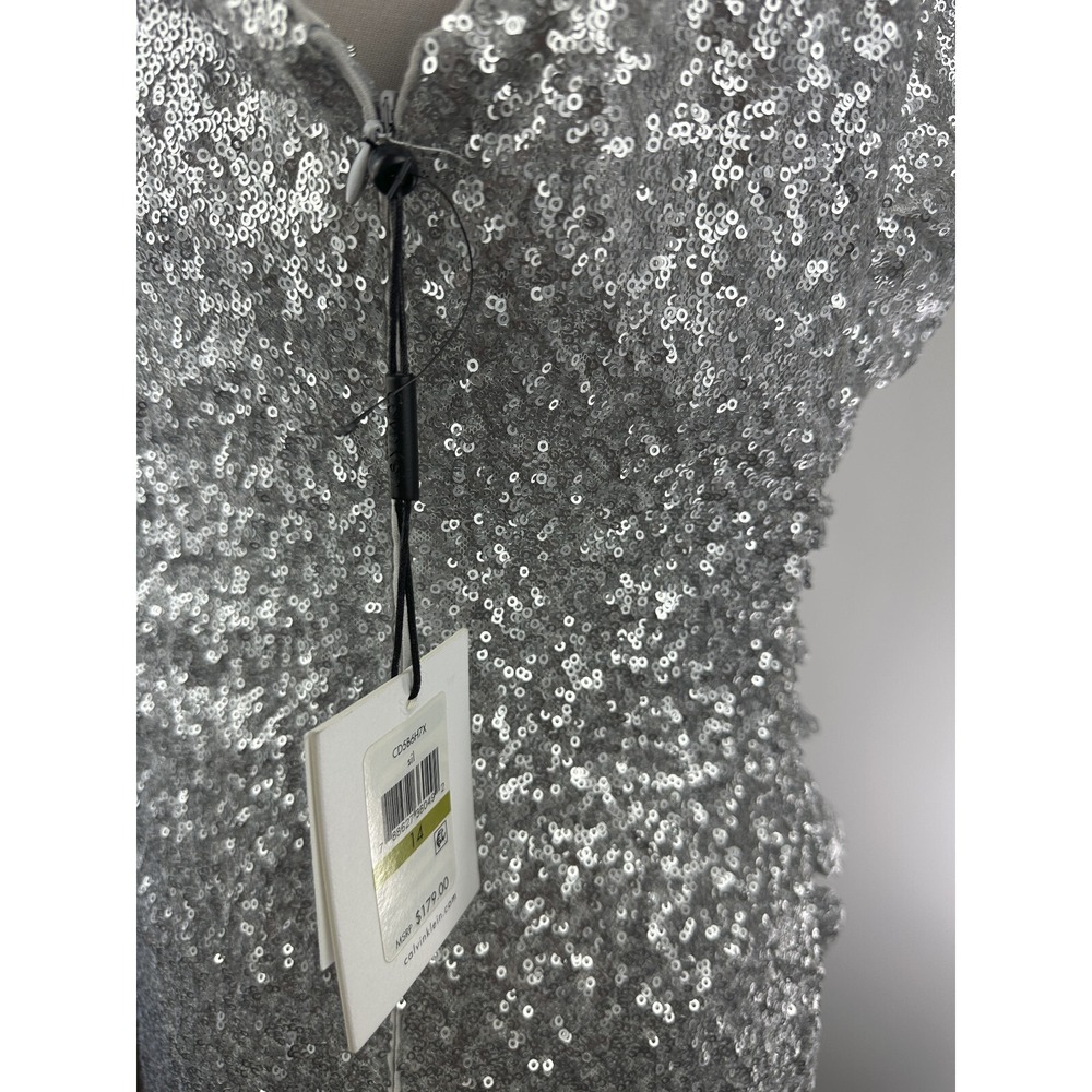 NWT Calvin Klein Sequin Ruched Sheath Shift Dress Silver Pleated Bodycon Size 14 - Picture 16 of 16